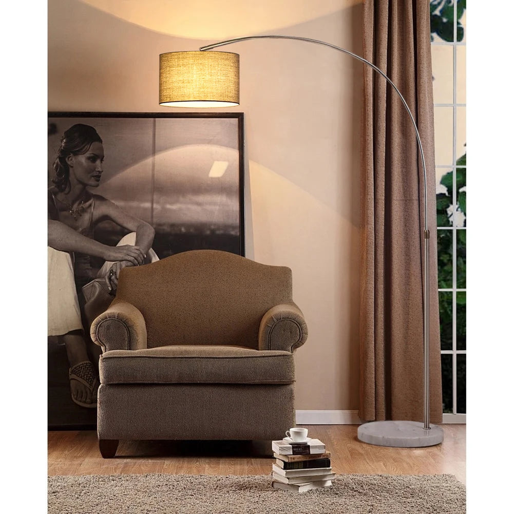 High Adjustable Arched Floor Lamp with Marble Base Cloth Lampshade, Grey